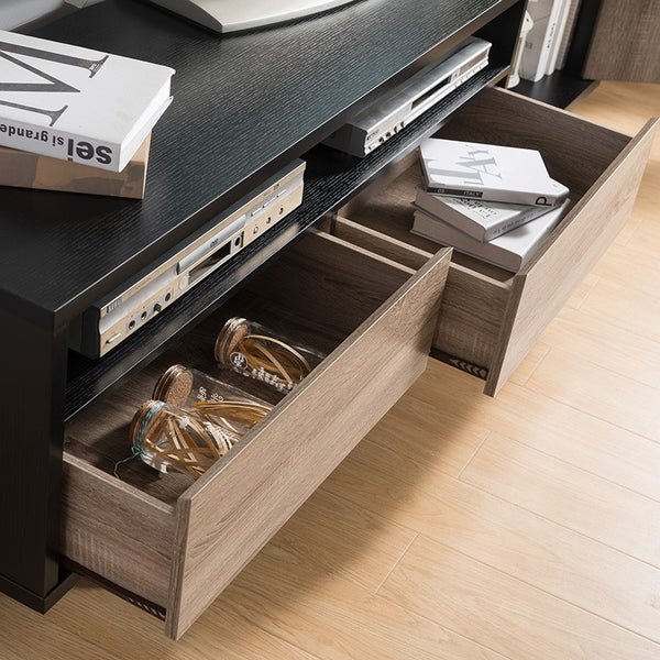 Stylish Black TV Console Cabinet With Dark Taupe And Distressed Grey Accents